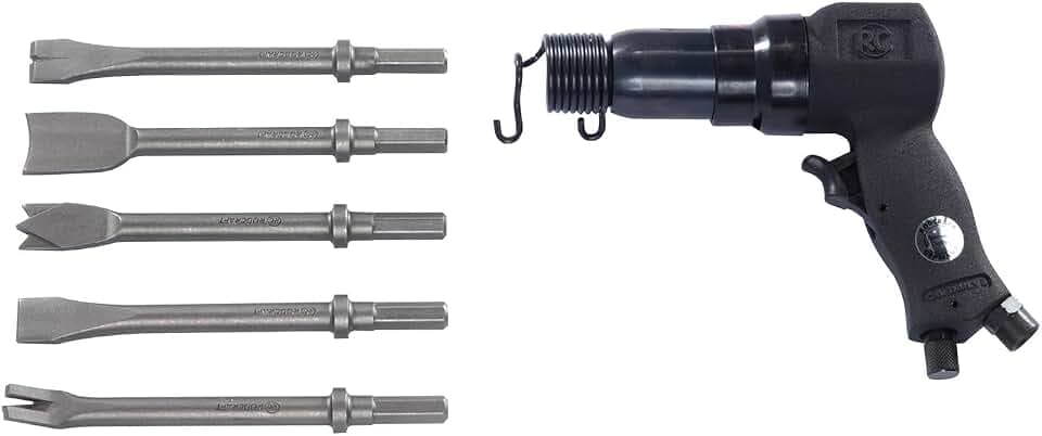 Rodcraft RC5120 Werkzeug-Set: Druckluft Meißelhammer RC5100 für Metall, HEX 11 mm, 6 J Schlagkraft, 3000 Schläge/Minute, mit 5 Meißel und Koffer, Schwarz
