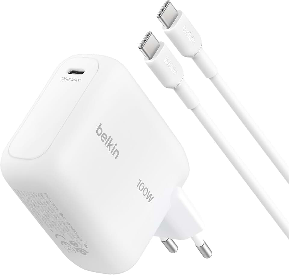 Belkin BoostCharge USB C Ladegerät, 100W GaN Schnellladegerät für iPhone 17, Samsung Galaxy S26, Pixel 10, AirPods, Tablet, MacBook – USB Netzteil mit 1,5-m-USB-C-Kabel, Reisezubehör – Weiß