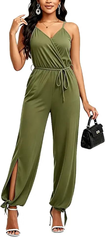 PaladMom Women's V Neck Sleeveless Jumpsuits Casual Loose Adjustable Spaghetti Strap Split Long Romper with Pockets