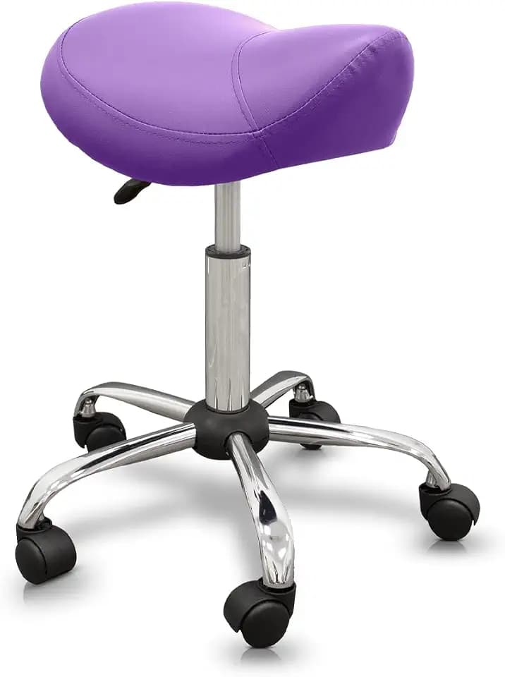 QUIRUMED Pony-Hocker, ergonomisch, mit Stahlgestell, Farbe Lila, Kunstlederpolsterung, höhenverstellbar, gepolsterter Sitz, drehbare Räder, bis 150 kg