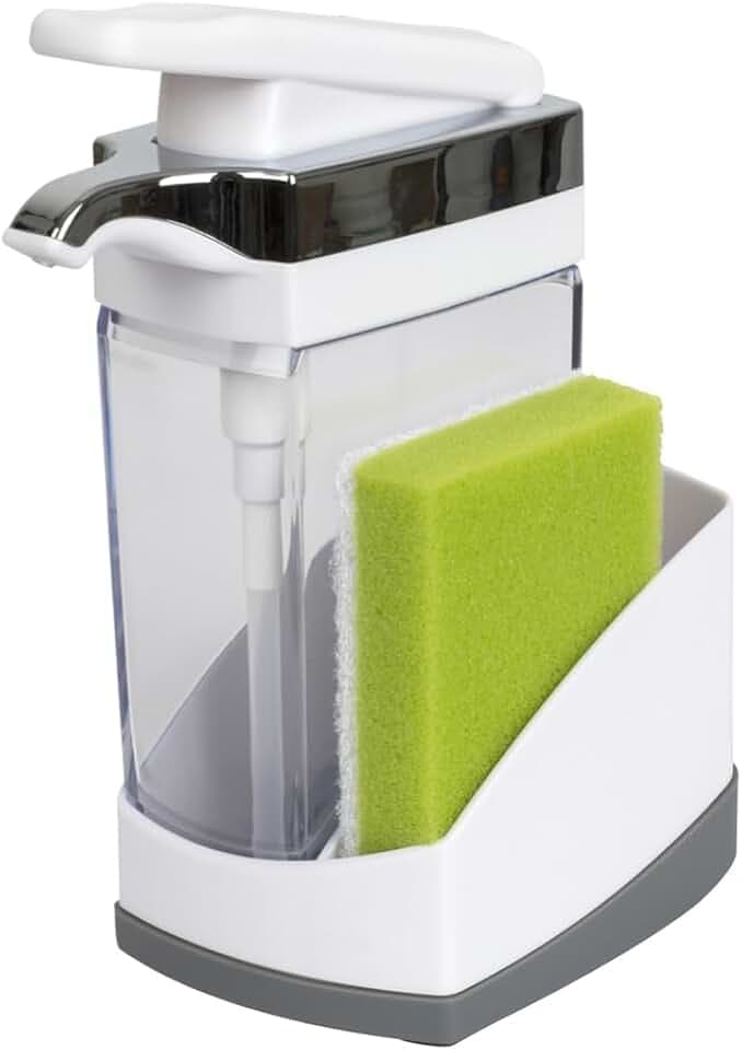 Casabella Sink Sider Solo Soap Pump and Sponge Caddy for Kitchen Sinks, Kitchen Sink Organizer Sponge Caddy and Soap Pump Combo, White