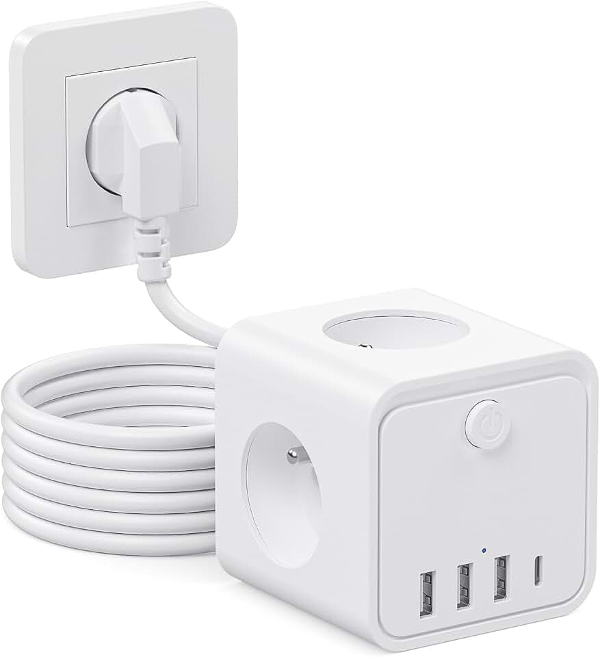Steckdosenleiste, 7 in 1 Steckdosen mit USB, 3 Steckdosen, mit Schalter, 2 m, Steckdosenleiste mit USB, ideal für Wohnzimmer, Büro, Schlafzimmer