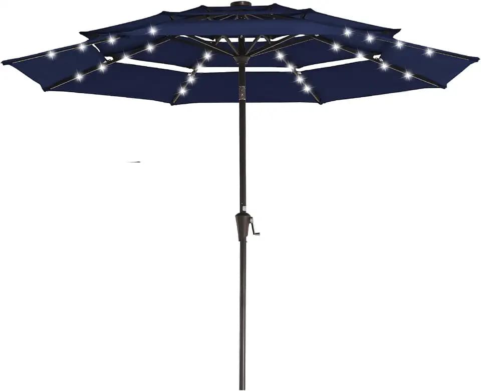 JEAREY 9 ft 3-Tier Outdoor LED Lighted Patio Umbrella w/Crank, Navy