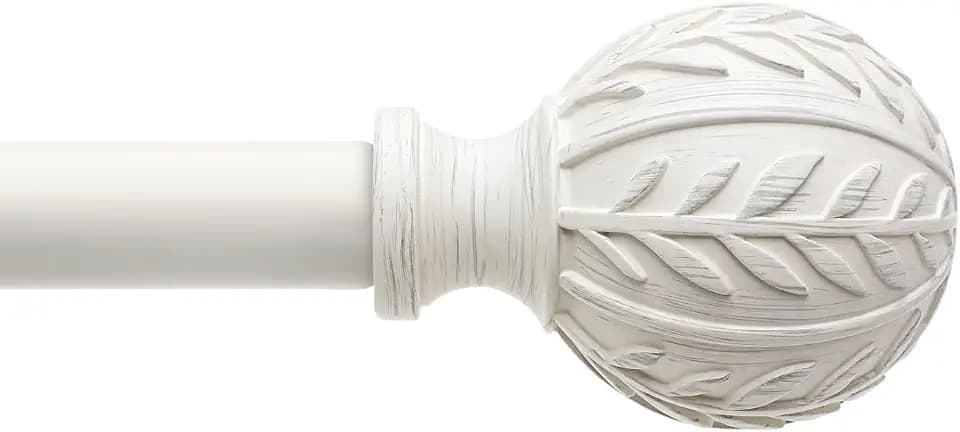QDWIS Antique White Curtain Rods for Windows 28 to 48 Inch, 1'' Adjustable Decorative Drapery Rods with Leaf Pattern Finials, Boho Heavy Duty Window Curtain Rods Set 18''-60''