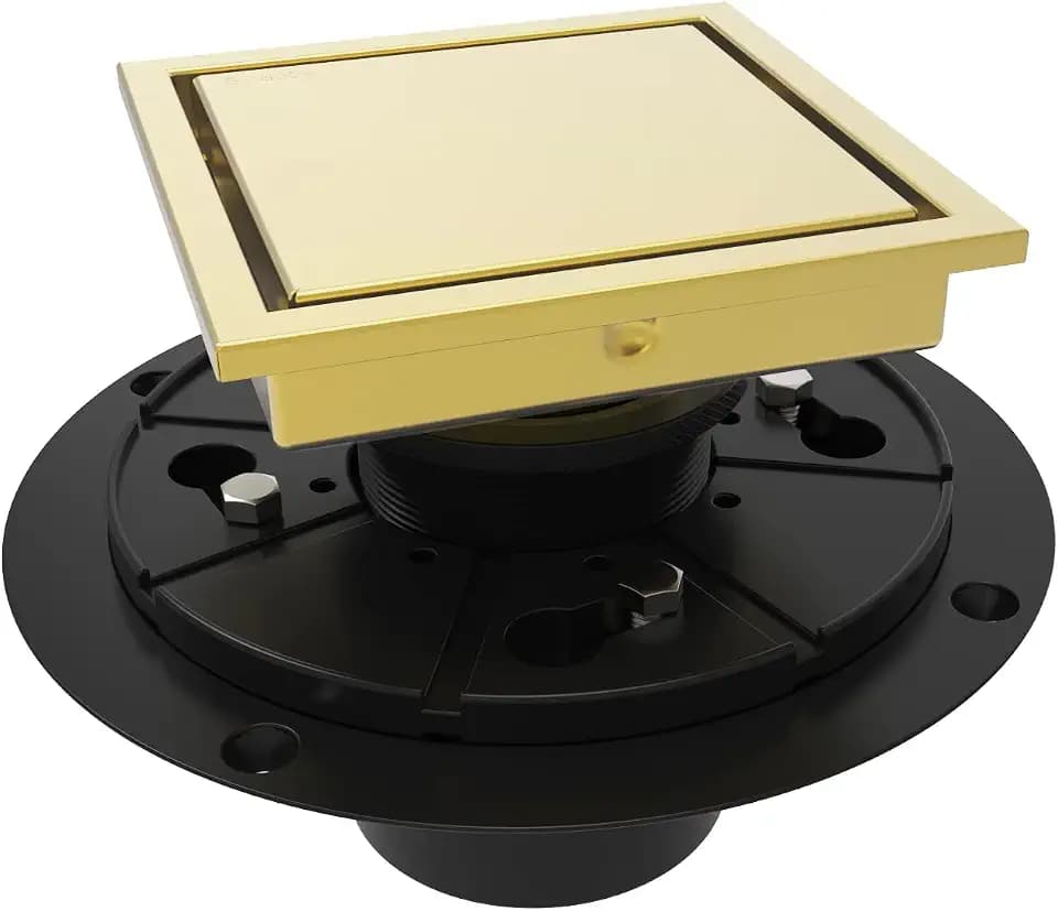 WEBANG 4 Inch Square Shower Drain Gold Floor Drain with Flange Reversible 2-in-1 Cover Tile Insert Grate Removable SUS304 Stainless Steel CUPC Certified Brushed Gold