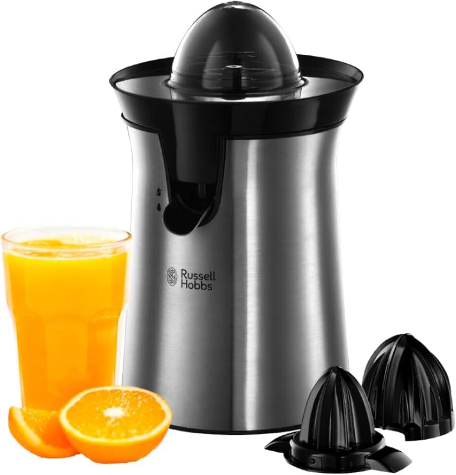 Russell Hobbs Orangenpresse & Zitruspresse elektrisch [links-& rechtsrotierend, 2 Presskegel für Zitronen/Orangen] Edelstahl (Tropf-Stopp-Funktion, spülmaschinenfest, BPA-frei) Saftpresse 22760-56