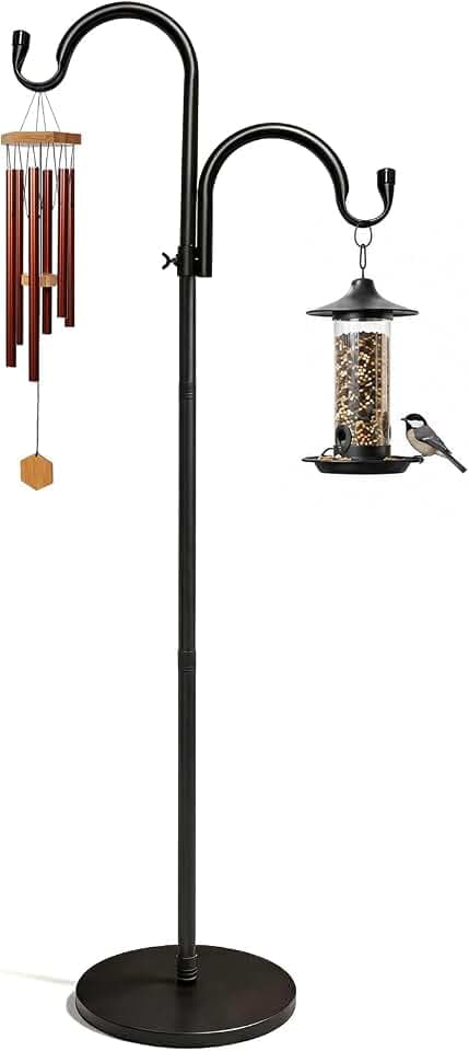 63" Double Shepherds Hooks for Outdoor, Freestanding Adjustable Shepherds Hook with Base, Metal Bird Feeder Pole for Wind Chimes, Hummingbird Feeders, Lanterns, Hanging Plants, Indoor Outdoor Decor