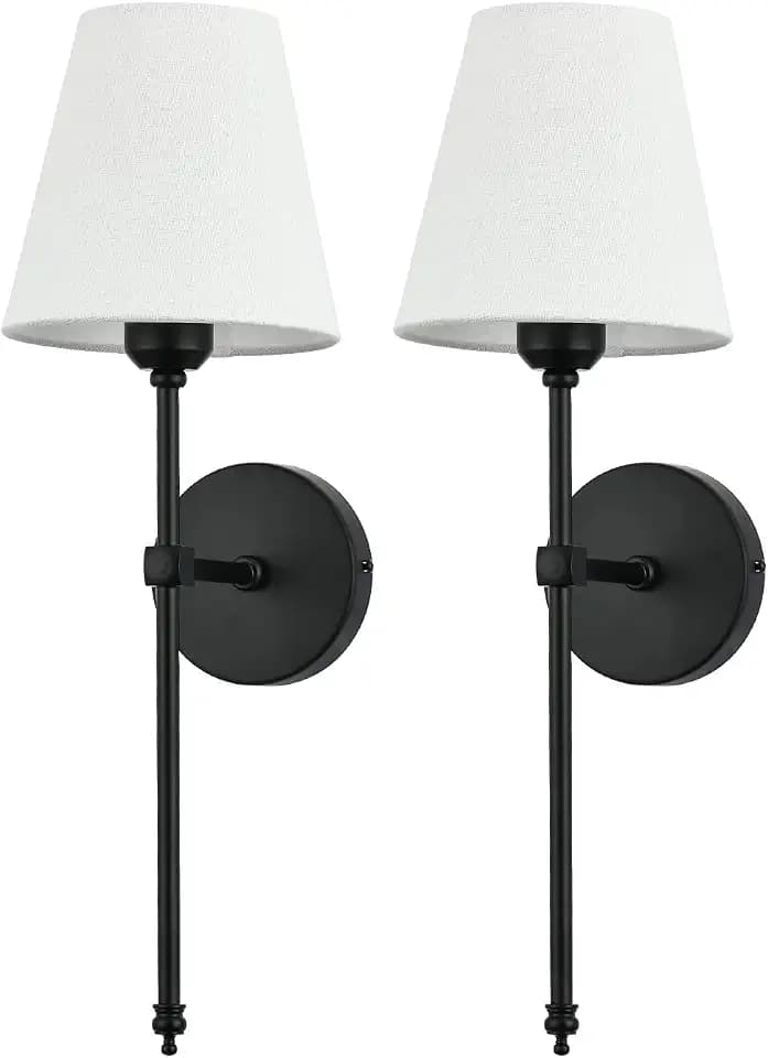 Bsmathom Wall Sconces Sets of 2, Rustic Industrial Wall Lamps, Hardwired Column Stand Sconces Wall Lighting, Bathroom Vanity Light Fixture with Fabric Shade for Bedroom Living Room Kitchen, Black