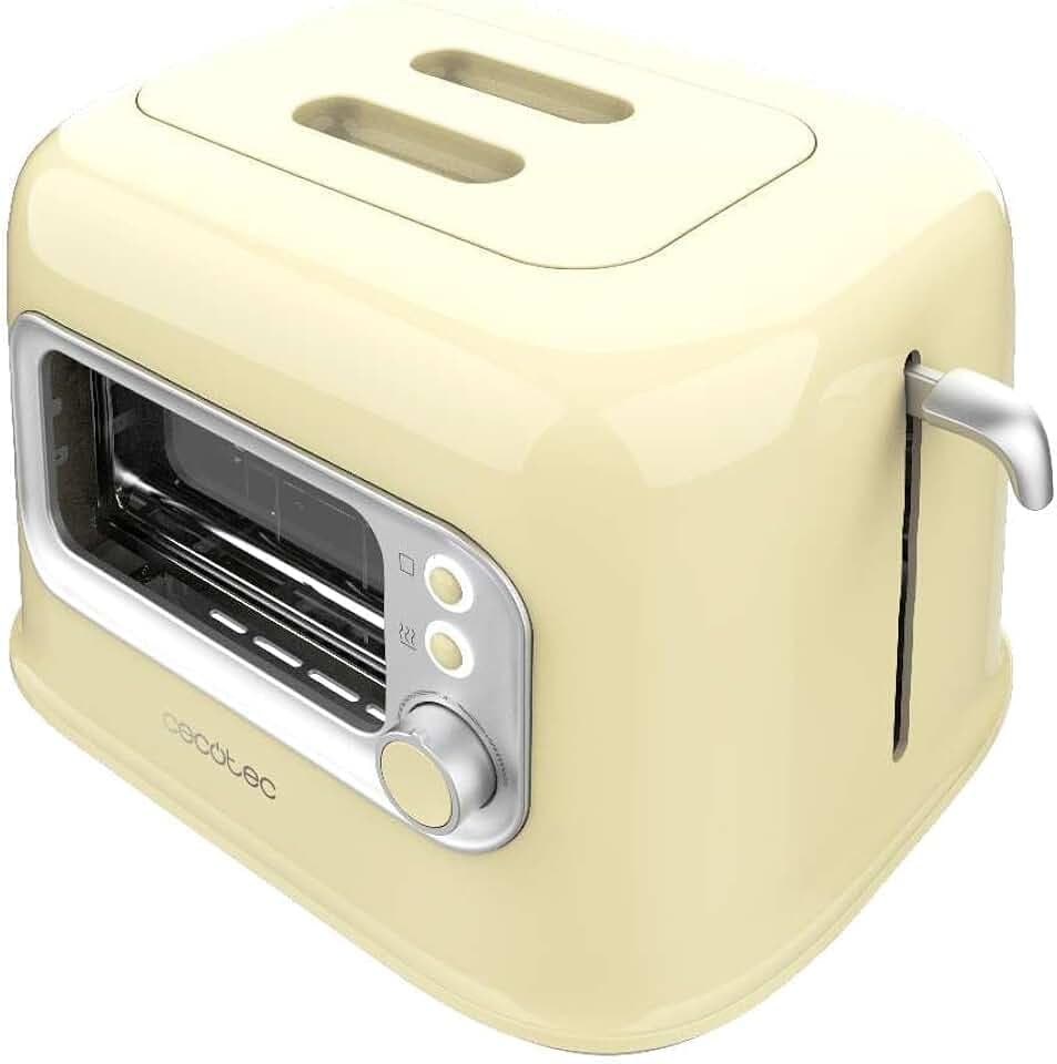 Cecotec Vertikaler Toaster RetroVision Yellow, 700W Leistung, 2 Extra-breite Schlitze, Einzigartiges Anzeige-Design, Bräunungssteuerung, Retro-Design, Staubabdeckung