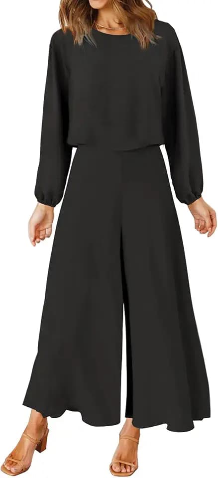 ROYLAMP Women's 2 Piece Outfits Basic Top Cropped Wide Leg Pants Set