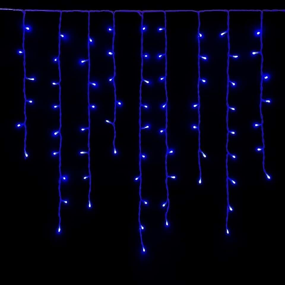 Elektronova Lichtervorhang mit 200 LEDs, 5 m, blaues Licht, weißes Kabel, IP65, verlängerbar, mit hängenden Drähten in abwechselnden Längen (30 – 70 – 40 – 60 cm) für Wasserfall-Effekt