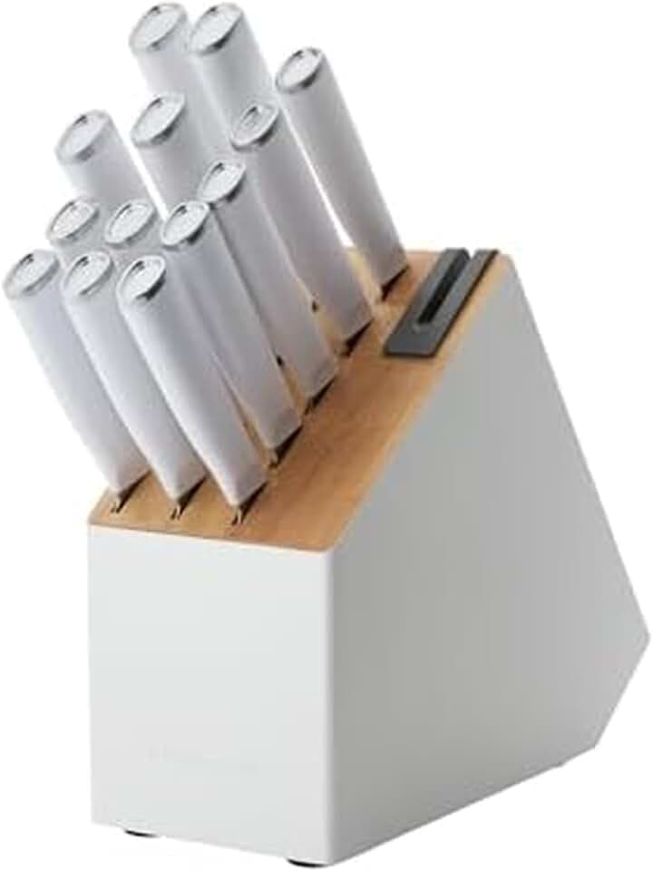KitchenAid Classic Slim Knife Block Set with Built-In Knife Sharpener, Stainless Steel Kitchen Knives, Sharp Kitchen Knife Set with Block, 14-Piece, White