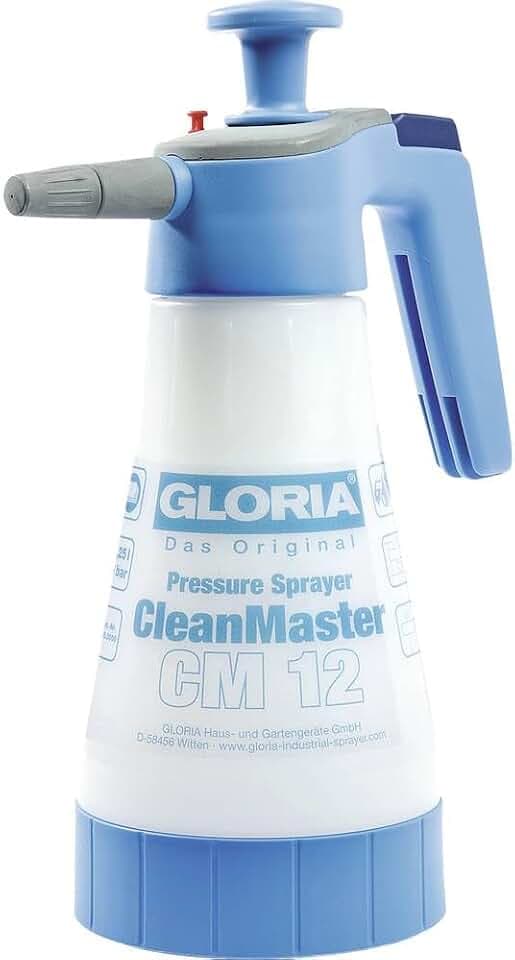 Gloria Drucksprüher CleanMaster cm 12 | 1,25 L Sprühflasche für Reinigung | 3 bar Pumpsprüher für Sanitär | EPDM-Dichtungen für Säuren & Laugen (pH 2-12) | Verstellbare Hohlkegeldüse | Stabiler Fußring