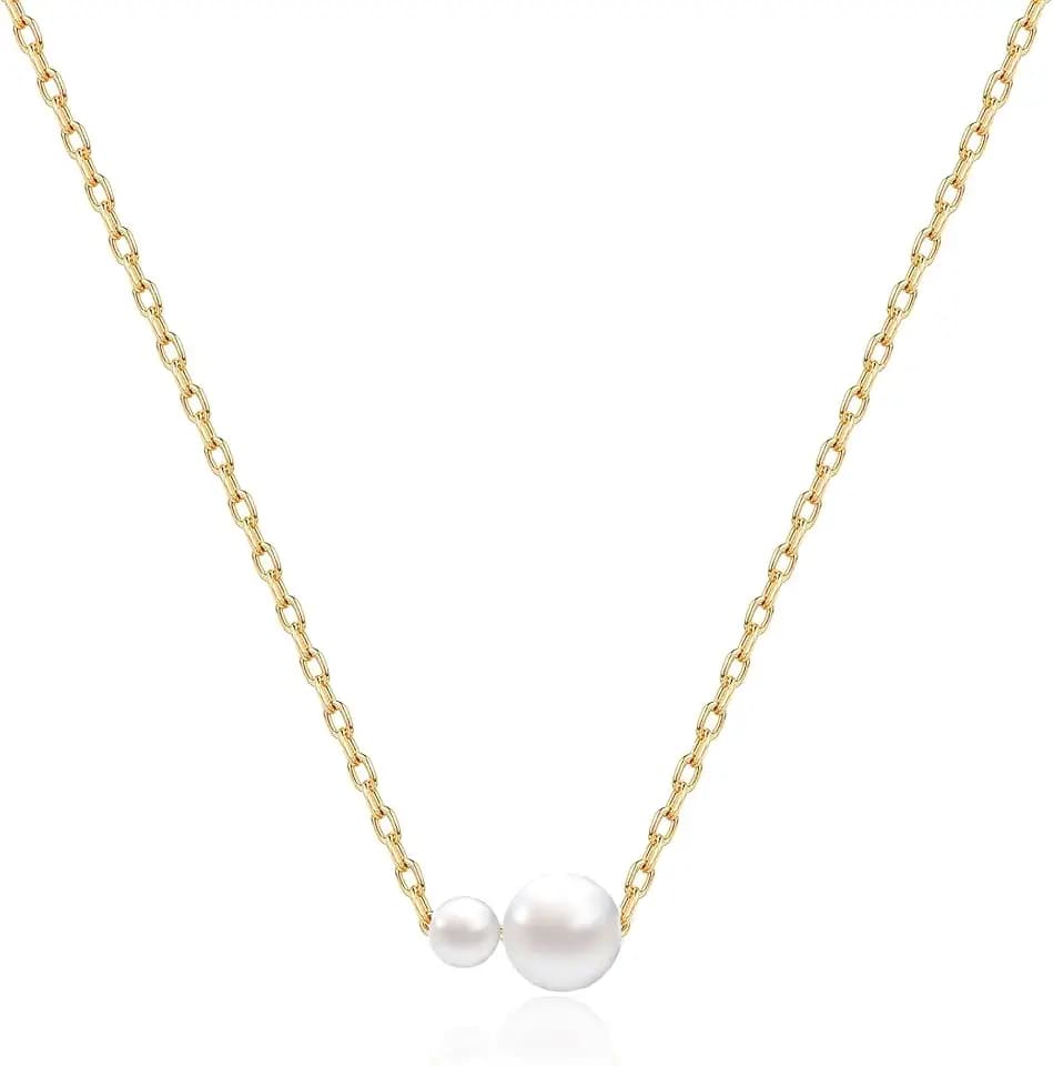 Pearl Necklaces for Women, Dainty Gold Necklace 14K Gold Plated Charm CZ Pearl Pendant Necklace Simple Gold Pearl Choker Necklaces for Women Trendy Wedding Womens Jewelry