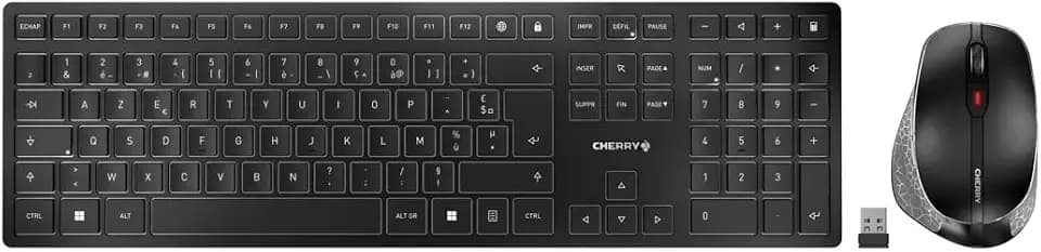 CHERRY DW 9500 Slim, Kabelloses Tastatur- und Maus-Set, Französisches Layout (AZERTY), Bluetooth oder 2,4 GHz Funk, Ergonomische Rechtshändermaus, Schwarz-Grau