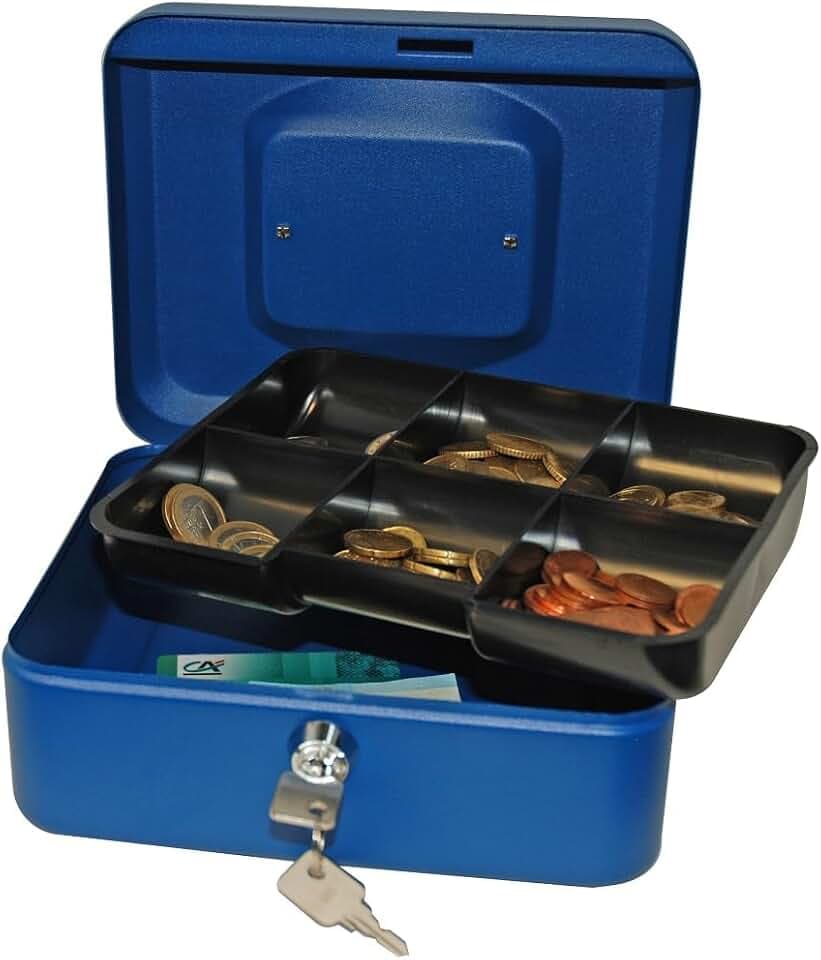 Reskal - Geldkassette, abschließbar, aus Metall, 20 x 16 x 9 cm, blau, mit Münzhalter und 2 Schlüsseln