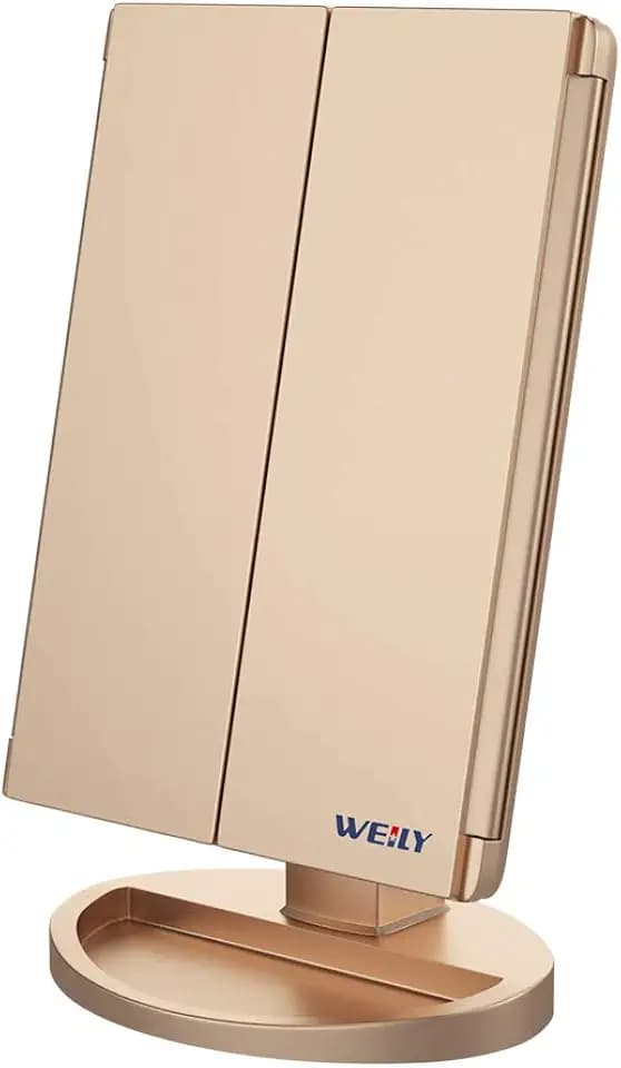 WEILY Schminkspiegel mit Beleuchtung, Kosmetikspiegel mit 1X/2X/3X Vergrößerung, Faltbare Schminkspiegel mit LED-Beleuchtung und Touchscreen, Tischspiegel Unterstützung USB und Batterie (Golden)
