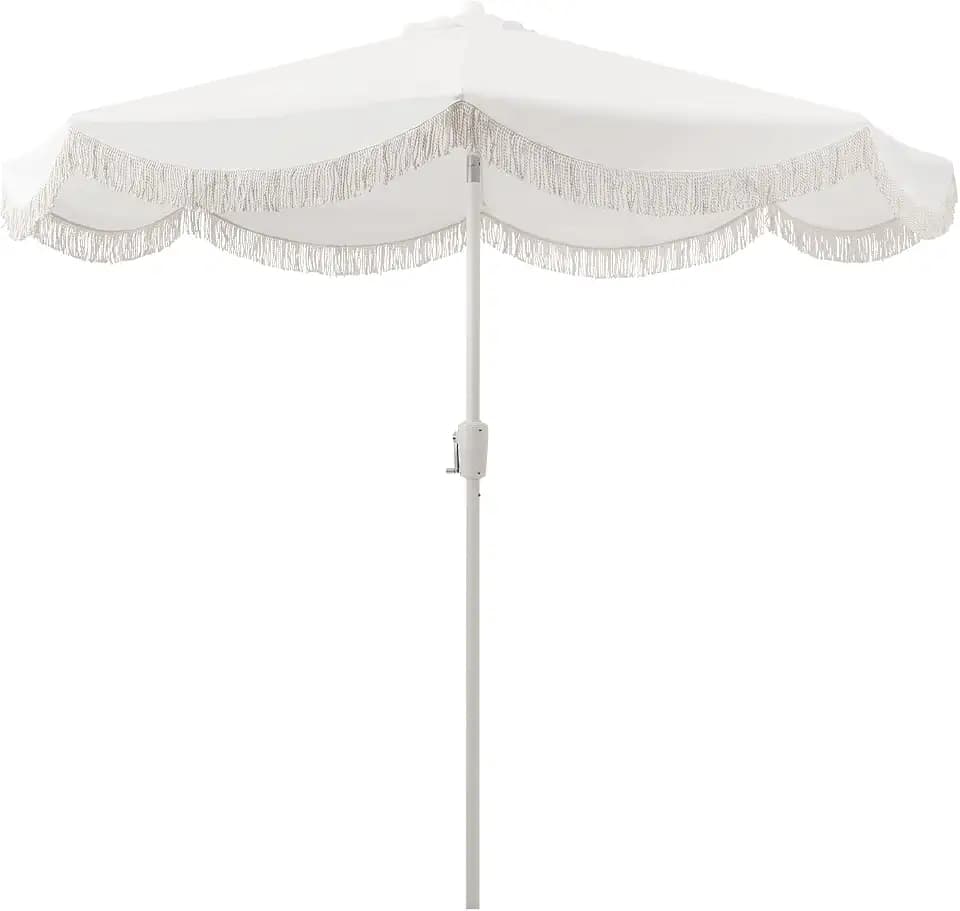 Tempera 9ft Auto Tilt Scalloped Patio Umbrella with Fringe(White)