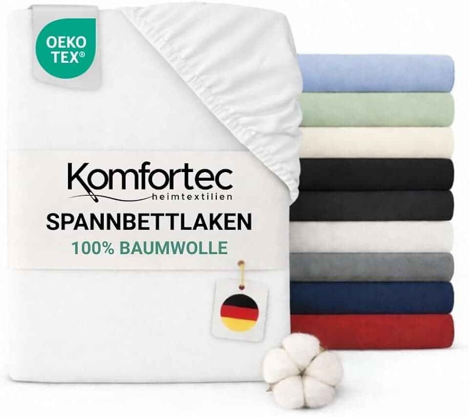 Komfortec Spannbettlaken Jersey 100% Baumwolle – 180x200 cm – 135g/m² – Weich, Atmungsaktiv & Hautfreundlich – Mit Rundumgummi – Oeko-Tex Zertifiziert – Für Boxspring, Topper & Matratzen – Weiß
