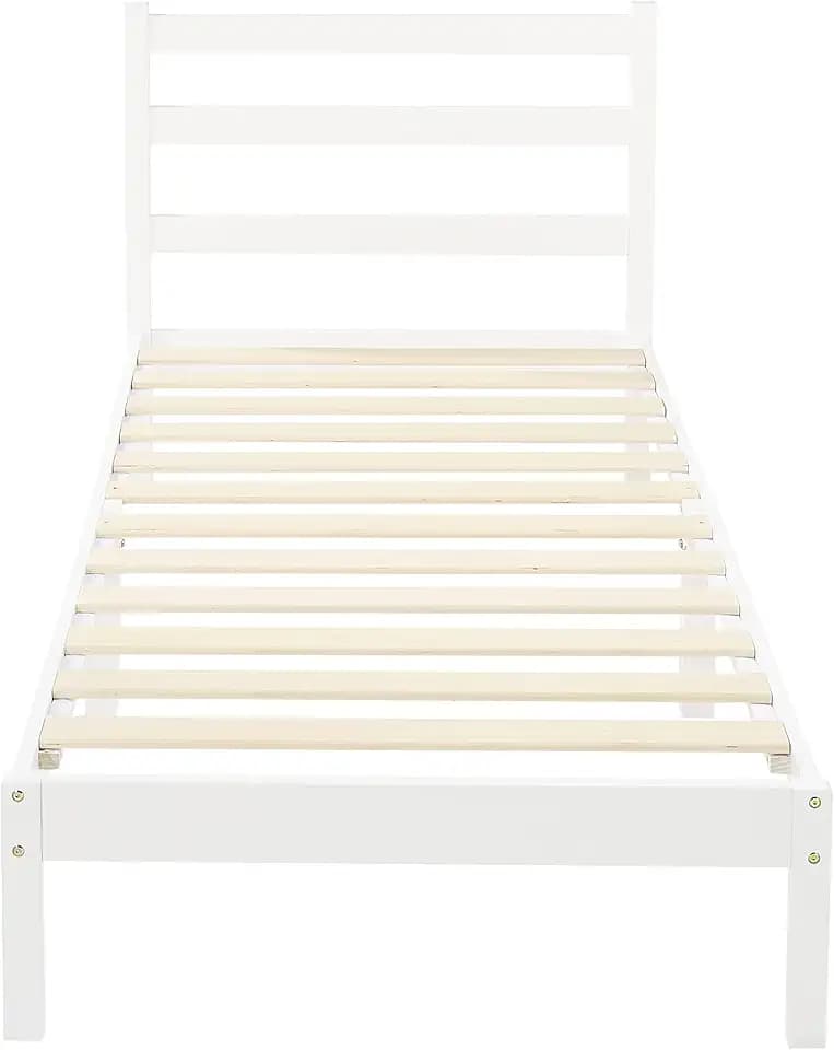 Amazon Basics Plattform-Bettgestell aus massivem Kiefernholz mit geripptem Kopfteil, modern, einfache Montage, Kinder, Einzelbett, Weiß, 90 x 190 x 88 cm