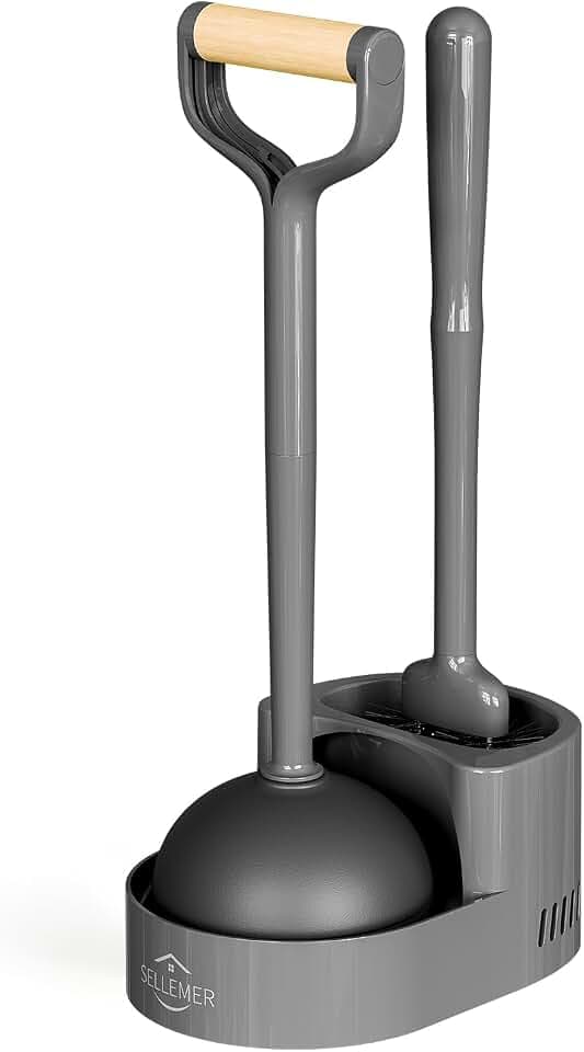 Sellemer Toilet Brush and Plunger Set, Curved Head for Deep Cleaning, Grey