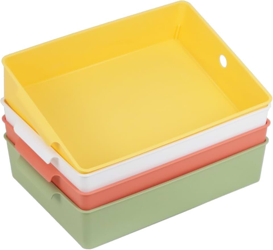ZEXALOR Set of 4 Large Organization Bins A4 Paper Trays for Classroom, Organizing Baskets Book Plastic Basket Letter Flat Storage Tray for Library, Drawers, Office, Home (4 Color)