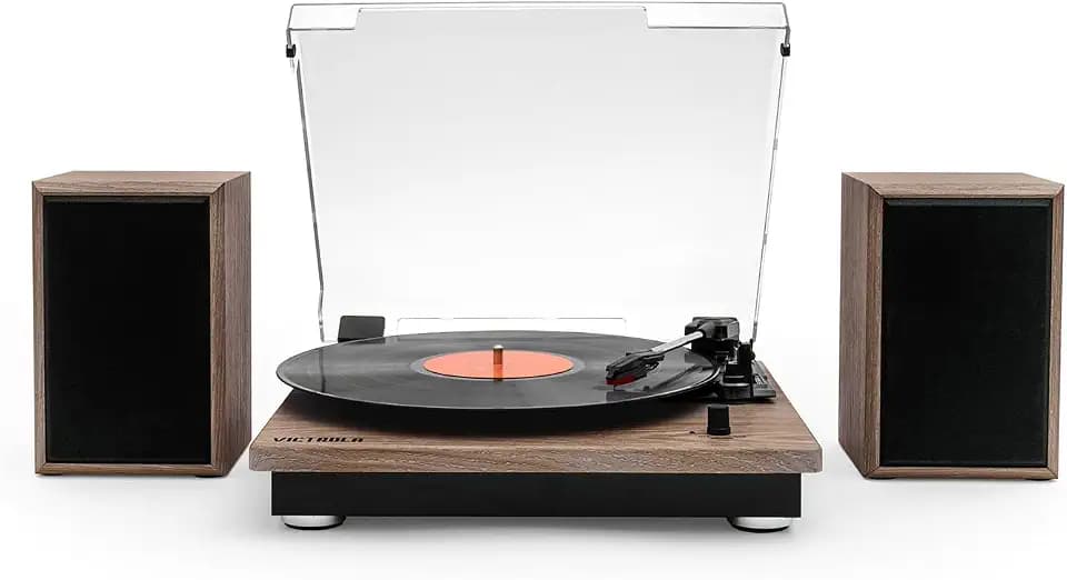 Victrola Montauk Vinyl Record Player, 3-Speed Belt Driven Turntable with Stereo Bluetooth Speaker Pair, RCA Output and 3.5mm Headphone Jack, Removable Dust Cover, Farmhouse Walnut Finish