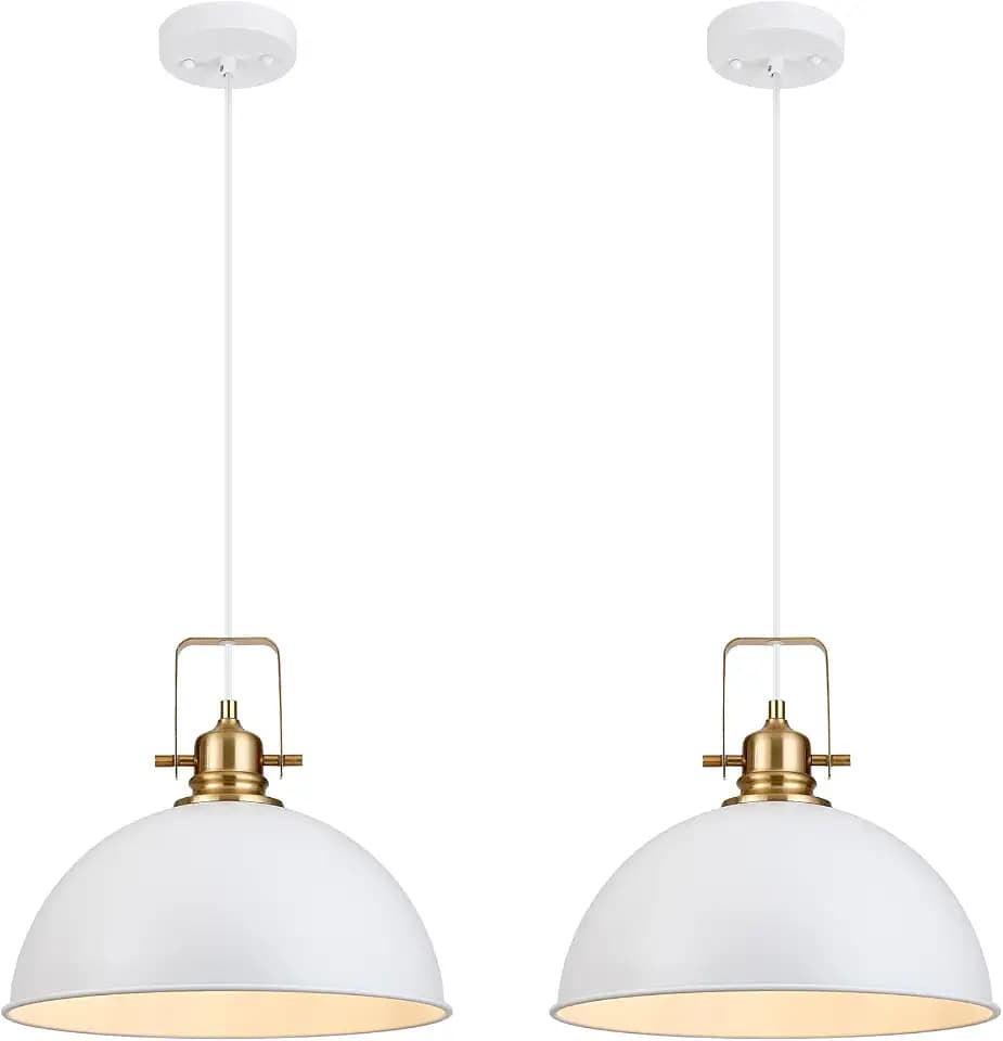 Farmhouse Pendant Light, 13.8" White Pendant Light Kitchen Island with Adjustable Cord, Vintage Dome Hanging Lights for Dining Room Cafe Bar Hallway Worktops, M, 2 Pack