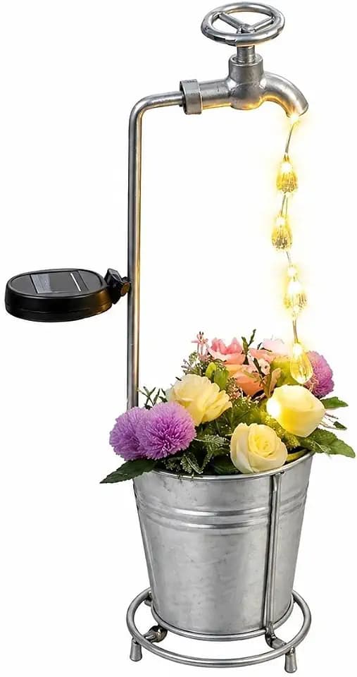 JIAJIAMEI Solar Water Faucet Bucket Lights Outdoor Garden Decor, Waterproof Vintage LED Solar Powered Whimsical Yard Lawn Patio Pathway Lights