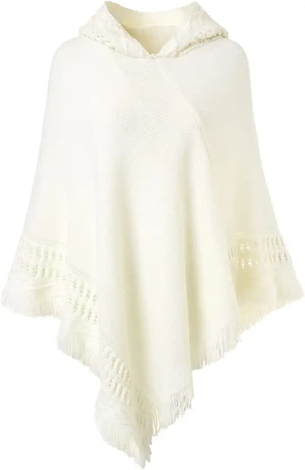 Ferand Damen Poncho mit Kapuze und gehäkeltem Cape mit Fransensaum für Herbst Winter