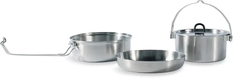 Tatonka Camp Set Large (3-teilig) - Camping-Kochgeschirr aus Edelstahl (Pfanne, Schale, Topf mit Deckel und Transportbeutel)