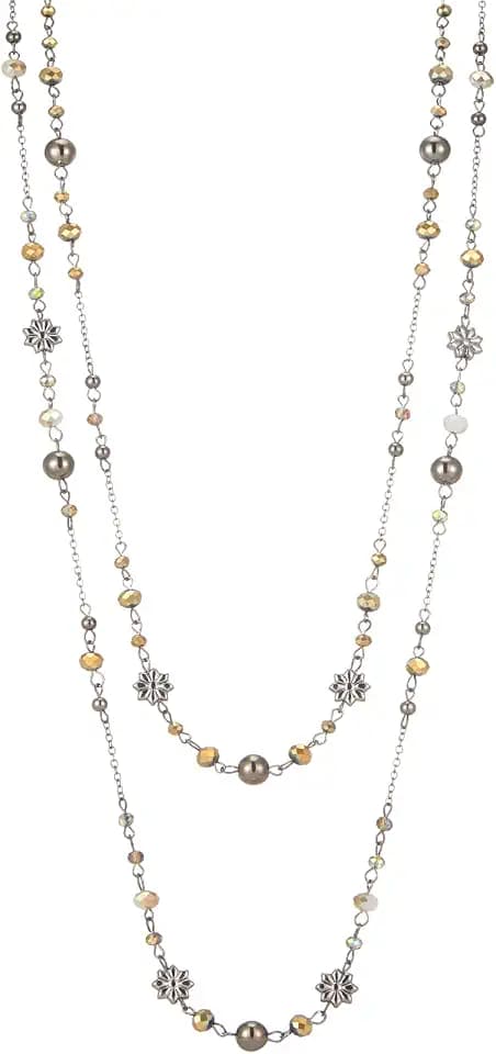 Noessla Layered Long Necklaces for Women Silver Black Beaded Necklace Vintage Flower Costume Jewelry Birthday Gifts for Women