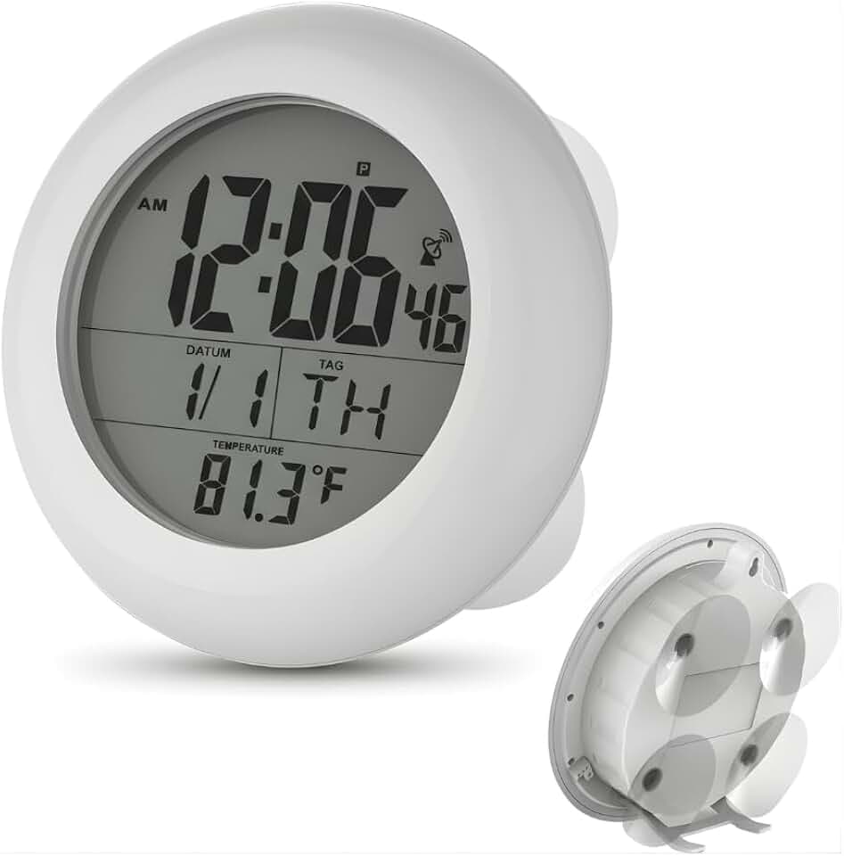 Shower Clock for Bathroom and Kitchen - Large Digital Display Shows Time, Date, Day of The Week and Temperature. Large Suction Cups, Hanging Hole, and Kick Stand - Atomic Clock