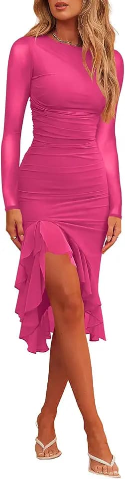 Hocuos Women's Long Sleeve Mesh Ruched Bodycon Fall Midi Formal Dress