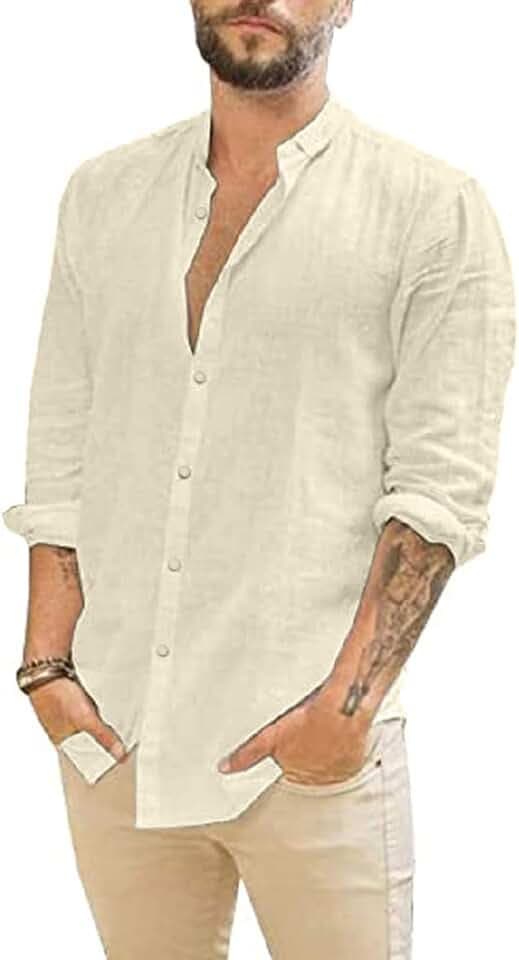 Friptspyg Leinenhemd Herren Hemd Langarm Baumwolle Leinen Hemden Button-Down Freizeithemden Casual Regular Fit Sommerhemd