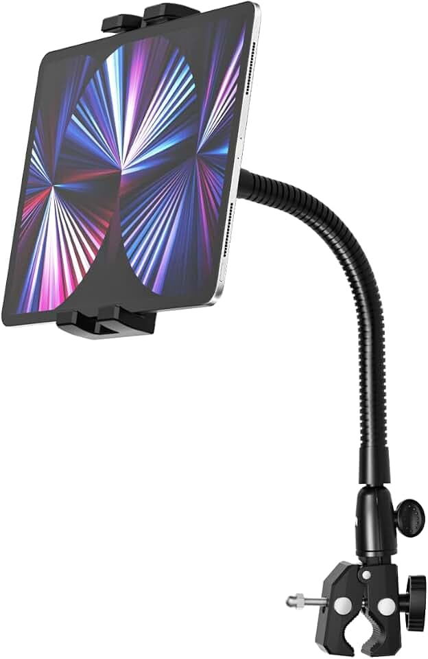 Spinning iPad-Halterung, Ellipsen-/Laufbandhalterung [stabil & flexibel], Halterung für Lenker Kinderwagen mit Schwanenhals für iPad Pro Air Mini, Galaxy, Lenovo, iPhone, 4-12,9 Zoll