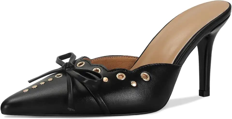 DOEYG Studded Heeled Mules for Women Suede Vintage Stiletto Heels Pointy Slip on Bow Tie Pumps Shoes Backless Mid Heels Dress Party Slide Heeled Sandals for Women