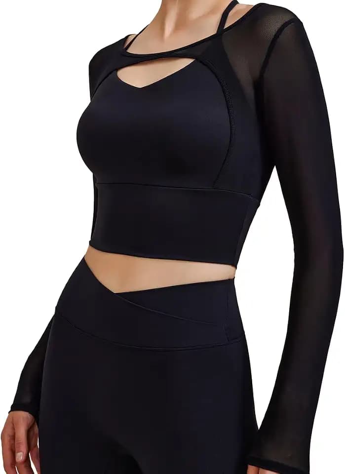 Harssidanzar Damen 2-in-1 Langarm Yoga Shirts, Netz-Gym-Sport-Oberteile, Trainings-Shirts mit Sport-BH CL304EU