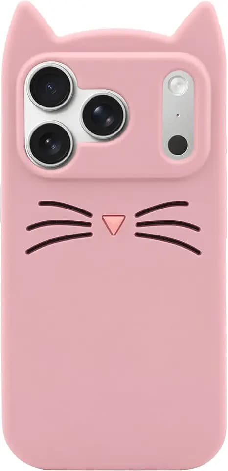 MC Fashion 3D Cat Ears Silicone Case for iPhone 17 Pro Max, Pink