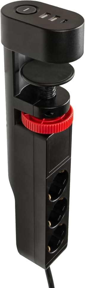 FeinTech MD833 Tischsteckdose klemmbar 3 Fach Steckdose mit 2X USB und 1x USB-C PD (20W), Steckdosenleiste Schreibtisch mit Schalter, 3m Kabel, schwarz
