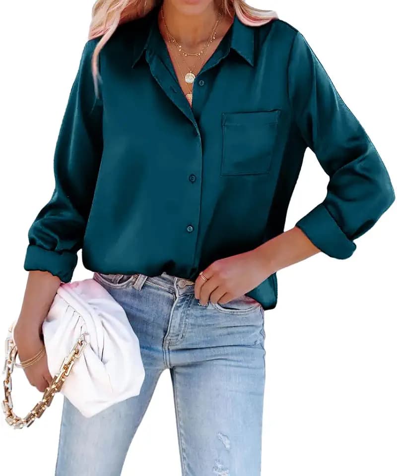 Satin Button Down Shirts for Women Long Sleeve Slim Fit Office Blouses Casual Business Silk Tops with Pocket S-XXL