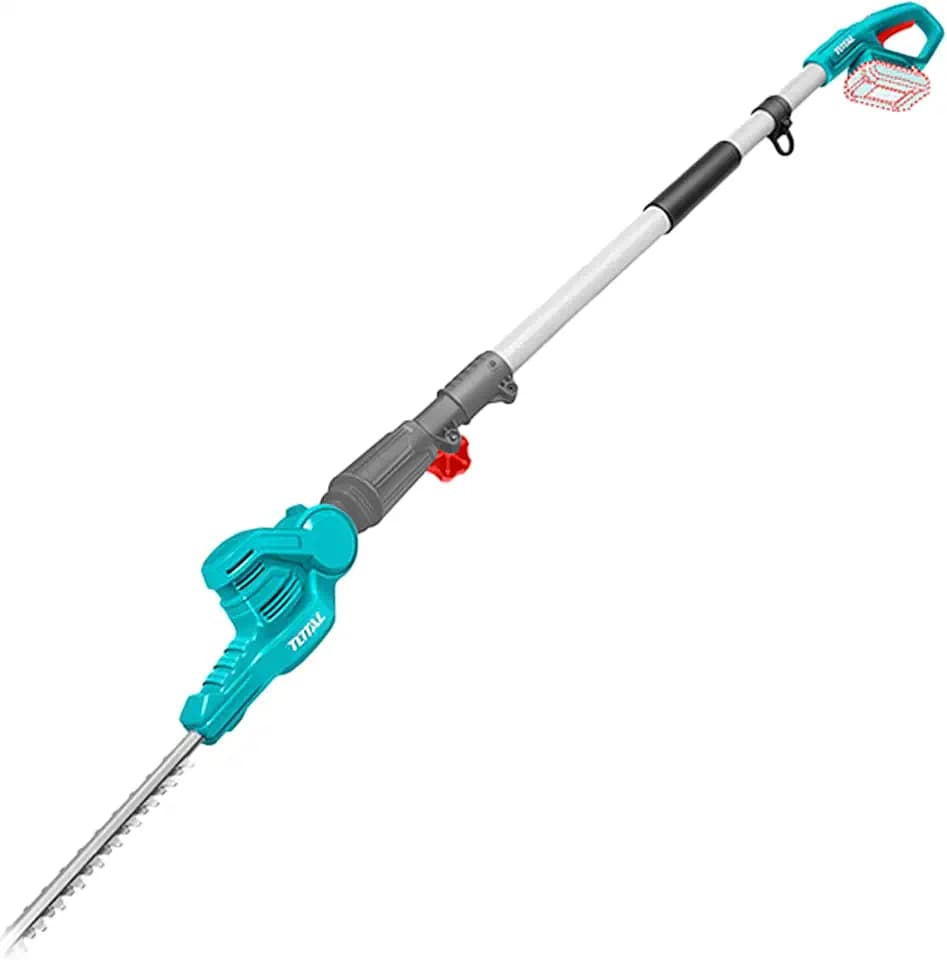 TOTAL - Hochentaster-Heckenschere mit Akku, 20V langlebiger Akku, Leicht, bequem zu benutzen: Drehbarer Kopf und ausziehbare Stange, Präziser Schnitt: 460 mm Lange Klingen, Große Reichweite: 2,4 m