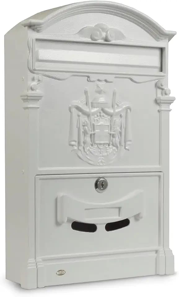 Amig – Briefkasten im klassischen Stil für den Außenbereich | Postschließfach für Mauern, Mauern oder Zäune | 40,5 x 25,5 x 8,5 cm | Aluminium | Inklusive Schrauben | Weiß Farbe