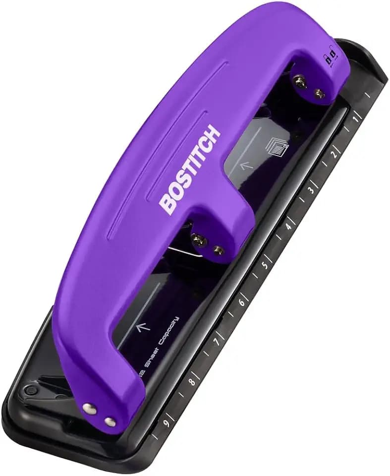 Bostitch Office EZ Squeeze Reduced Effort 3-Hole Punch, 12 Sheets, Purple