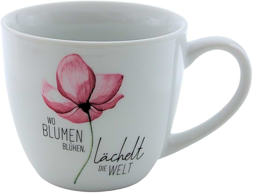 Dekohelden24 Maxi-XXL Kaffeebecher/Tasse aus Porzellan, XXL Kaffeepot, Motiv: Blüte, Wo Blumen blühen, lächelt die Welt, Größe H/Ø: 9,2 x 10,5 cm, Fassungsvermögen 400 ml, Spülmaschinengeeignet.