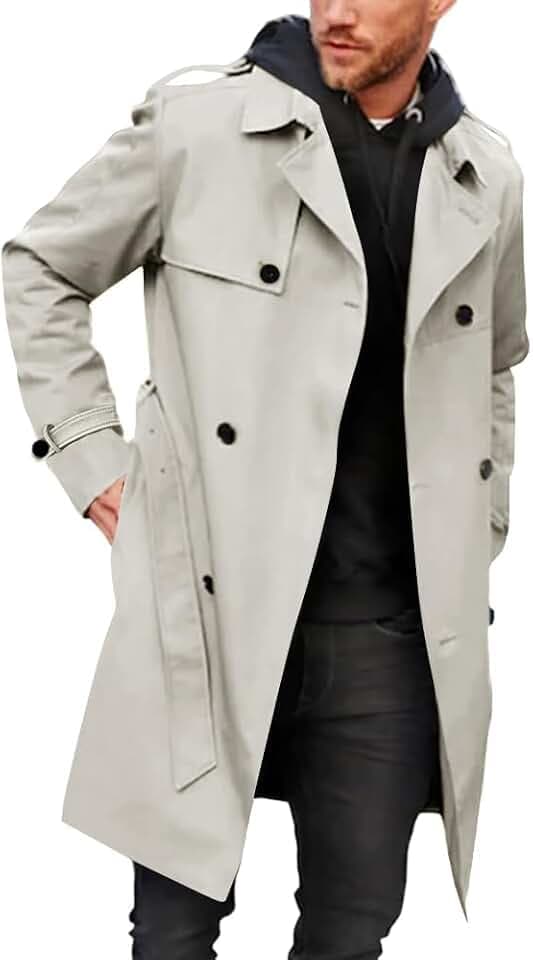 Runcati Herren Mantel Zweireiher Trenchcoat Langes Revers Business Jacke mit Gürtel
