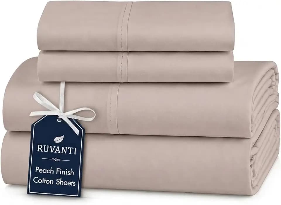 RUVANTI 100% Cotton King Sheets, Percale King Size Sheets Set, Soft Mocha