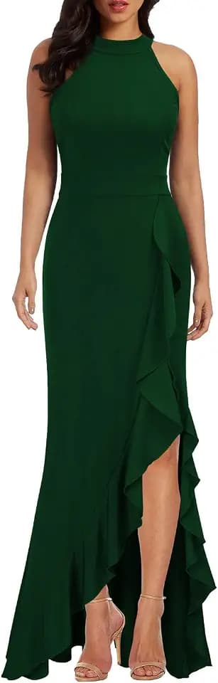 WOOSEA Women's High Neck Split Bodycon Mermaid Evening Cocktail Long Dress Green