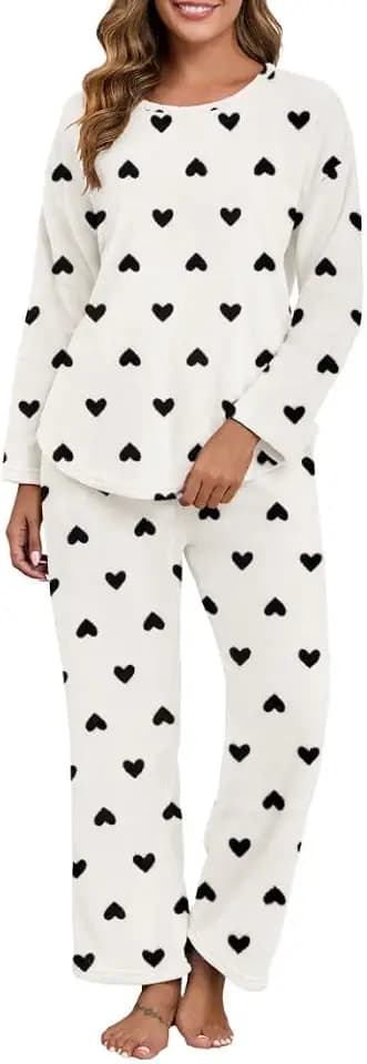 PrinStory Schlafanzug Damen Lange Flanell Pyjama Rundhals Fleece Pyjama