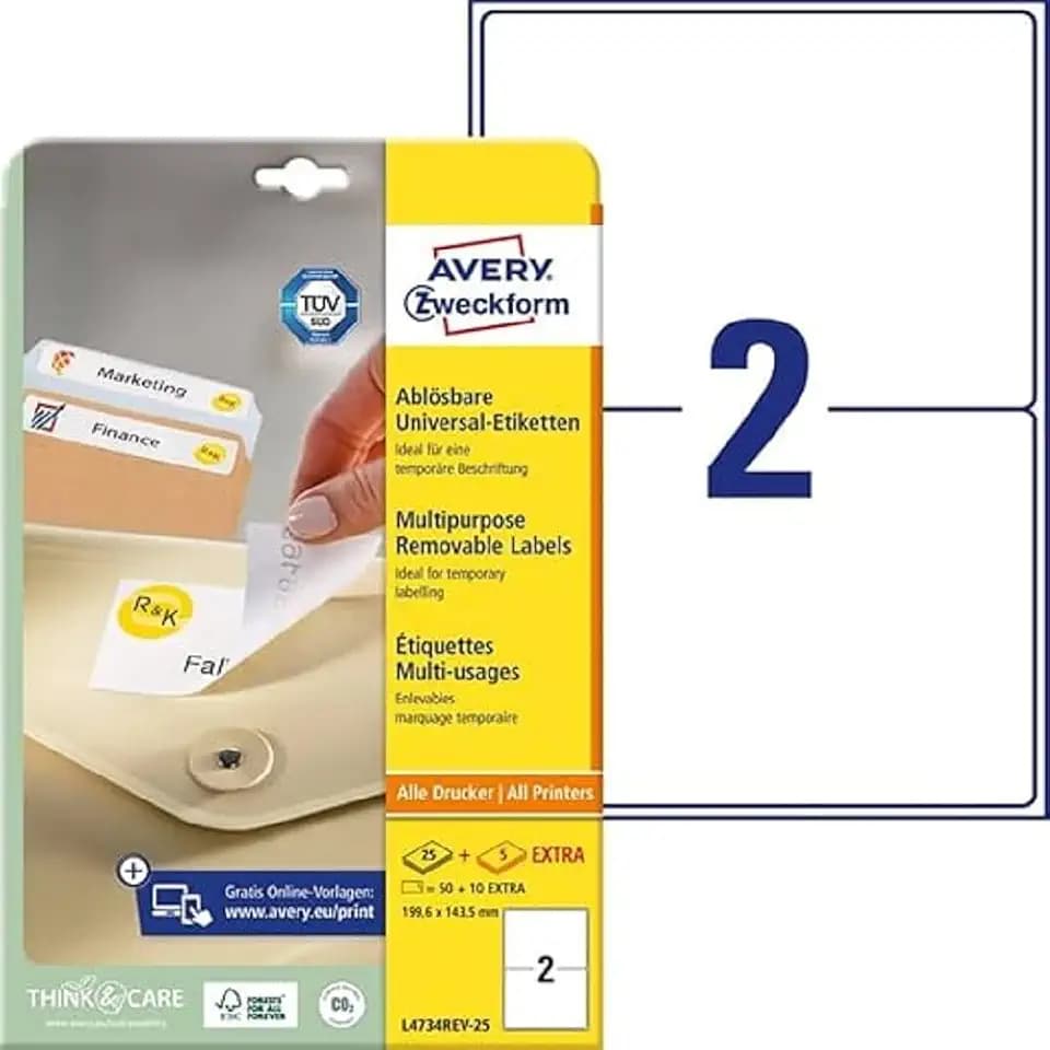 AVERY Zweckform L4734REV-25 Universal-Etiketten (50 plus 10 Klebeetiketten extra, 199,6x143,5mm auf A4, wieder rückstandsfrei ablösbar/abziehbar, bedruckbar, selbstklebende Aufkleber) 30 Blatt, weiß